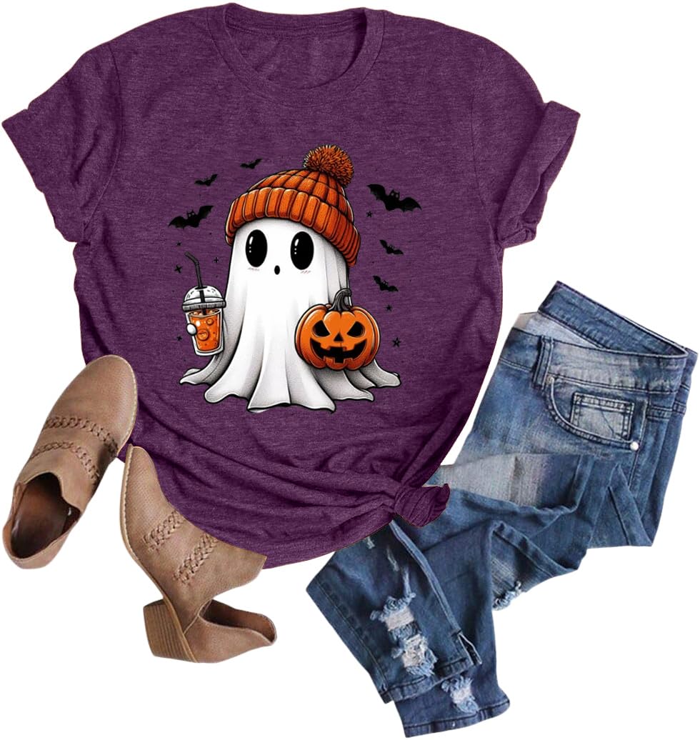 Womens Halloween Ghost Shirt Fall Cute Ghost Pumpkin Graphic Short Sleeve Tee Autumn Pumpkin Coffee T Shirt(M, Purple)