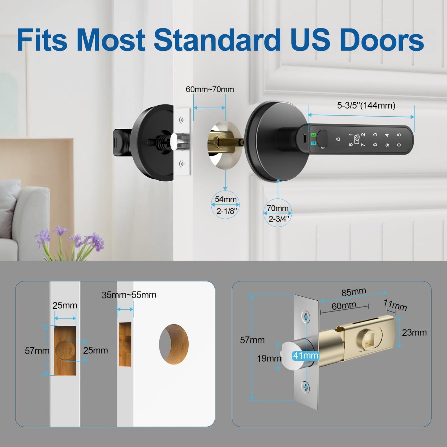 BIWIBON Smart Door Knob - 5 in 1 with Smart APP, IC Cards, Password, Backup Keys - Fingerprint Door Knob with Keypad for Bedroom, Office, Apartment - Black, 3 Pack