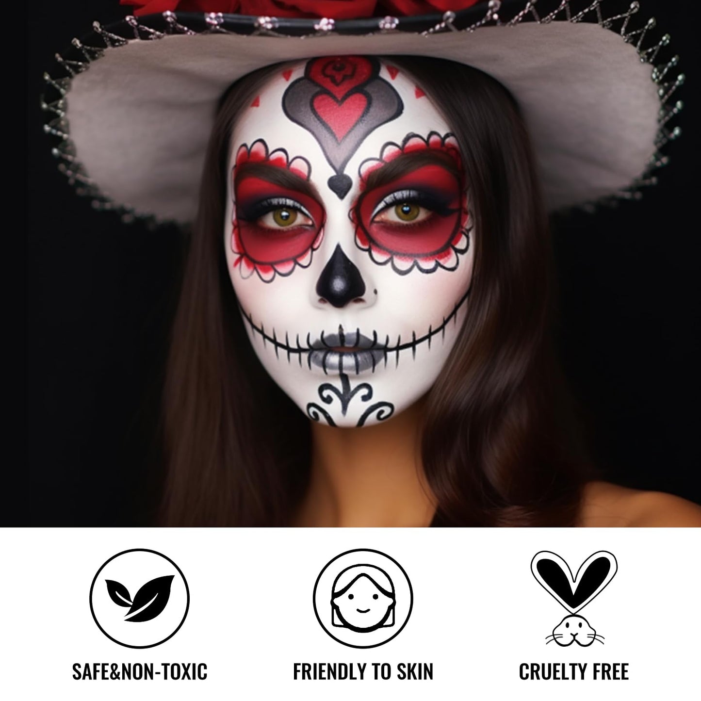 Black White Red Face Paint + 3PC Sponge + Brush, Colored Eye Black for Baseball Softball Sport Games, Body Painting Kit for Halloween Clown Makeup, Cosplay, Costume, SFX Special Effect, Theme Parties