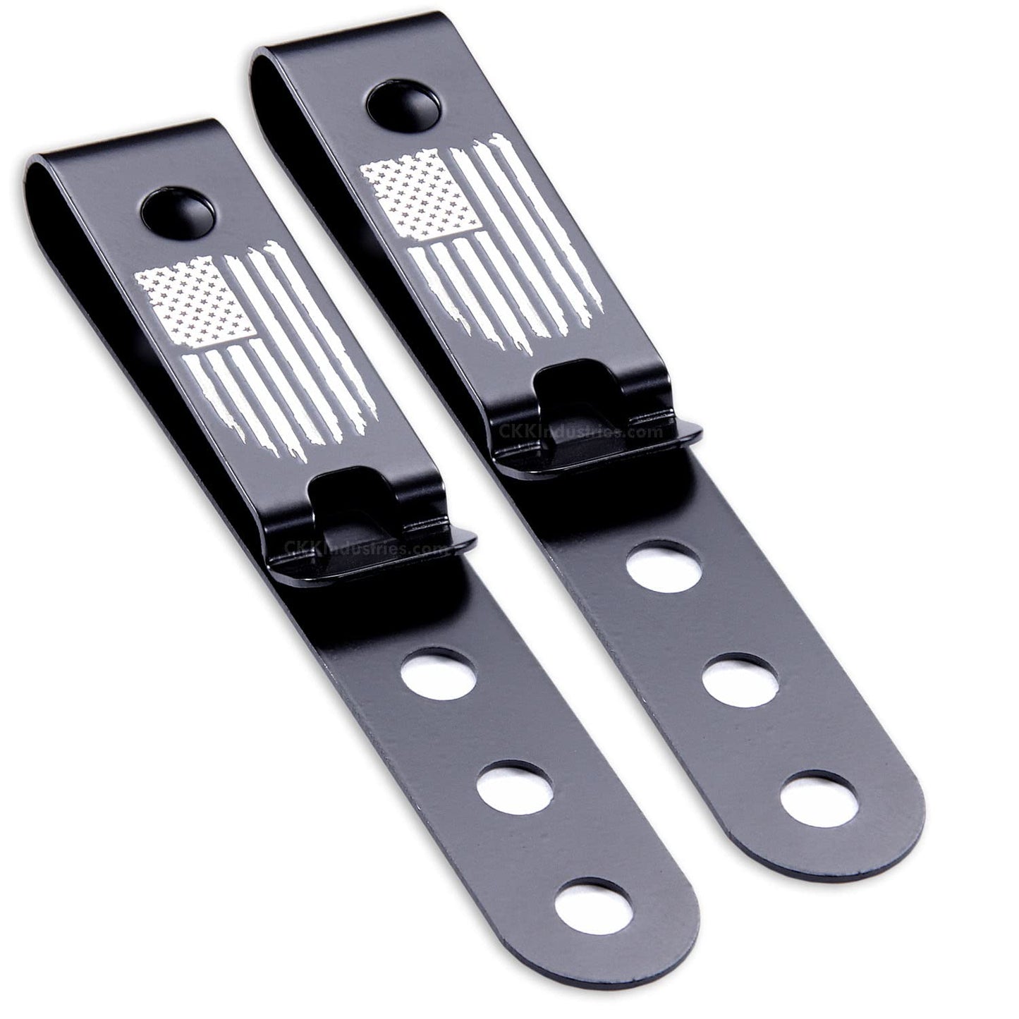 HolsterSmith Universal Metal Belt Clip for Holster Making - (Model 5) - (3-Hole) - (Tactical Black) - (w/USA Flag - Distressed Engraving) - (2 Pack)