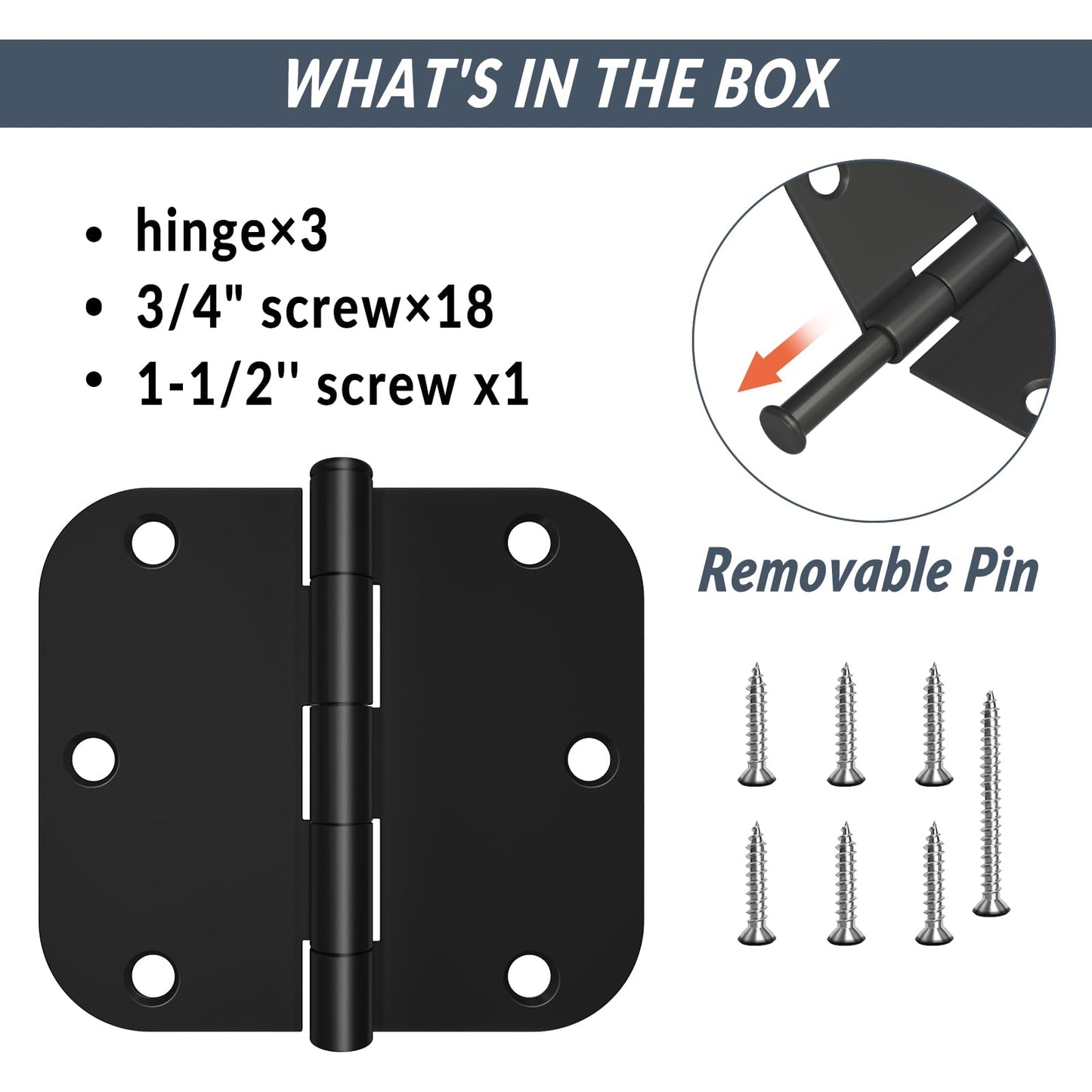HOSOM Door Hinges 3 Pack Rounded Matte Black Door Hinge 3.5 x 3.5 inch with 5/8 Radius, Black 3 1/2 Interior Door Hinges, 3 ½"x 3 ½" Hardware