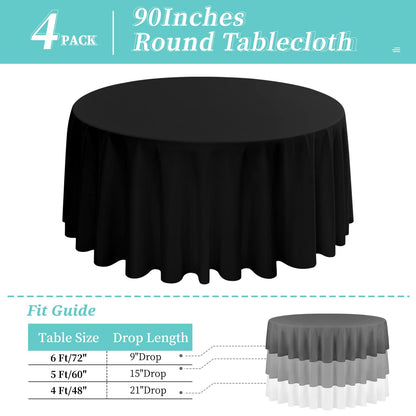 4 Pack Black Round Tablecloth 90 Inch - Circle Polyester Table Cloth for Round Table, Stain and Wrinkle Resistant Washable Fabric Table Cover for Wedding Party Banquet Restaurant Reception Dining