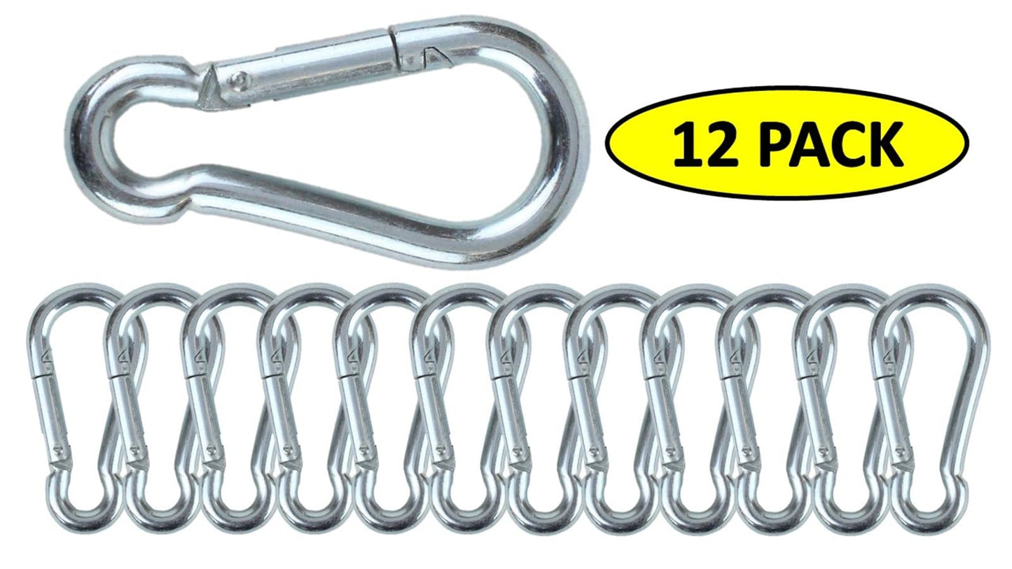 Branded Boards Black & Silver Zinc-Galvanized Heavy Duty Bushcraft Carabiner Spring Snap Clip Link Hooks 200-500lb Load 2, 6 & 12 Packs (Silver-7cm-12 Pack)