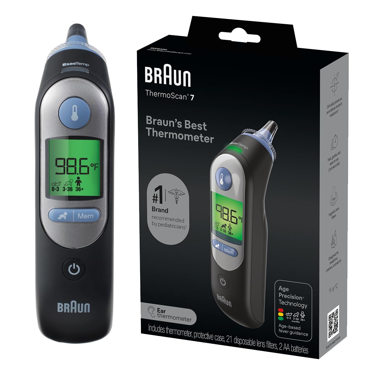 Braun ThermoScan 7 Digital Ear Thermometer, Age-Adjusted Fever Guidance, Baby and Infant Friendly, No. 1 Brand Recommended by Pediatricians, FSA and HSA Eligible