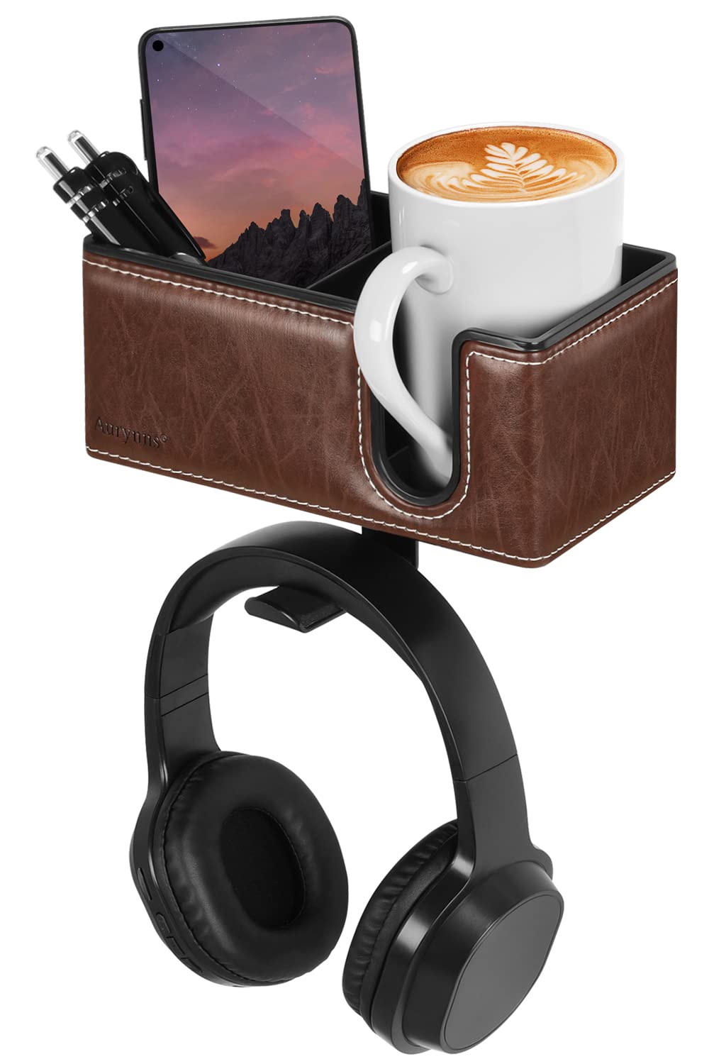 Aurynns Desk Cup Holder Clip on Pen Holder Headphone Hanger Headset Stand Rotatable Clamp Hook Under Desk (Brown)