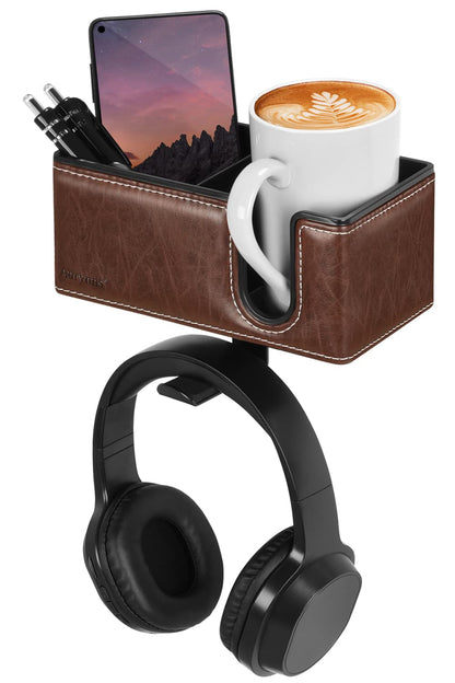 Aurynns Desk Cup Holder Clip on Pen Holder Headphone Hanger Headset Stand Rotatable Clamp Hook Under Desk (Brown)