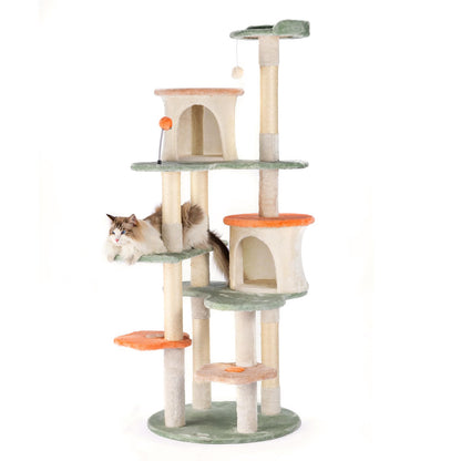 HYABi 63-inch Cat Tree for Large Cats, Multi-Level Flower Tower with Condo, Sisal Scratching Posts & Toy Balls, Sturdy & Safe Indoor Playhouse