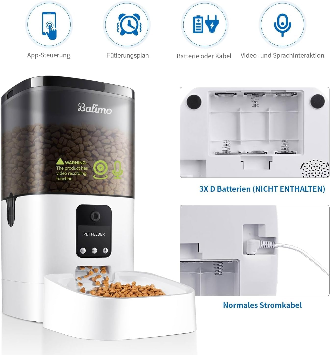 Balimo Automatic Cat Feeder with HD 1080P Video, 4L WiFi Automatic Cat Feeder with App Control & Night Vision, up to 20 Servings and 8 Meals per Day (Only 2.4G WiFi)