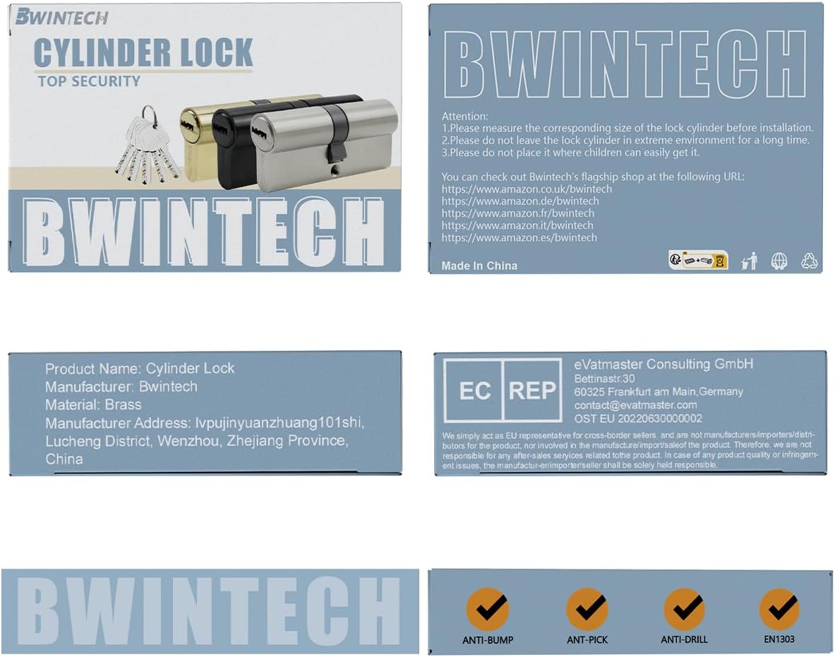 Bwintech Keyed Alike 30/30 mm Euro Brass Cylinder, 60 mm Key/Key Cylinder Lock with 10 Horizontal Brass Keys, Anti Picking, Anti Drill, Anti Bumping, Polished Brass Finish
