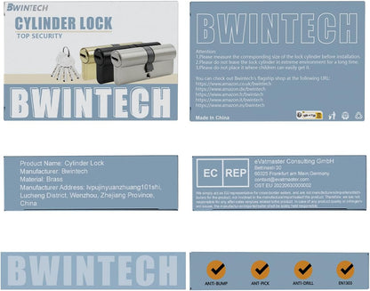 Bwintech Keyed Alike 30/30 mm Euro Brass Cylinder, 60 mm Key/Key Cylinder Lock with 10 Horizontal Brass Keys, Anti Picking, Anti Drill, Anti Bumping, Polished Brass Finish