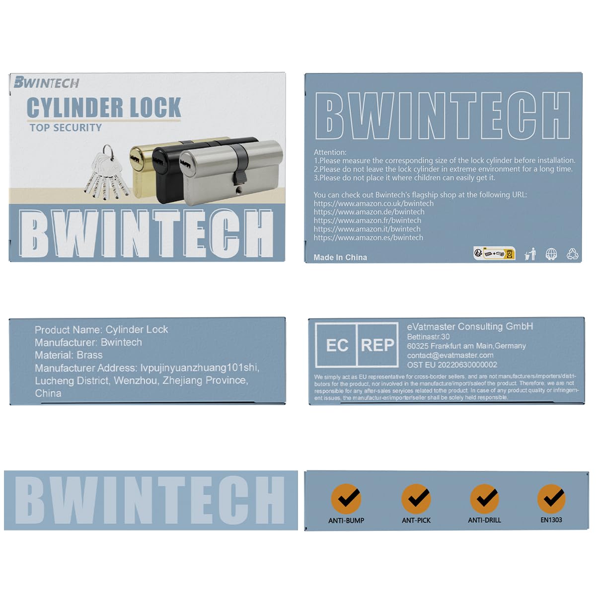Bwintech Keyed Alike 30/30 mm Euro Brass Cylinder, 60 mm Key/Key Cylinder Lock with 10 Horizontal Brass Keys, Anti Picking, Anti Drill, Anti Bumping, Polished Brass Finish