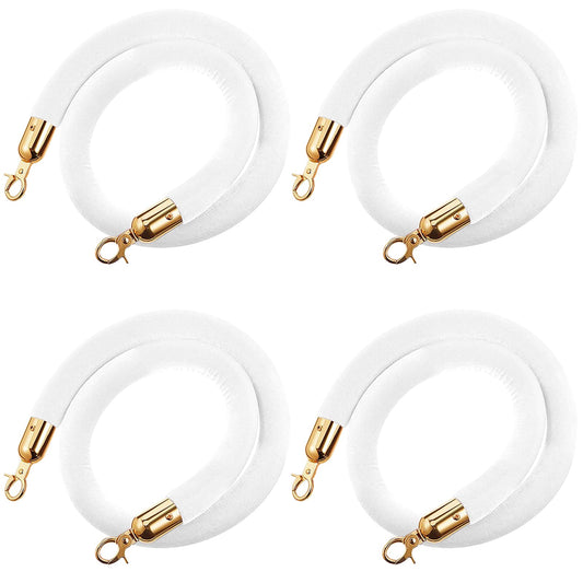 Hrokz 5 Ft Velvet Stanchion Ropes White, 4 Pack Crowd Control Rope Safety Queue Barrier with Gold Hook, VIP Rope for Party Events Decor