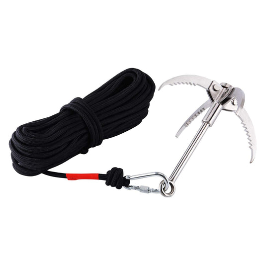 Ant Mag Grappling Hook Stainless Steel Claw Carabiner with 20m/65ft 8mm Auxiliary Black Rope for Camping Hiking Tree Grabbing and Water Lifting Salvage