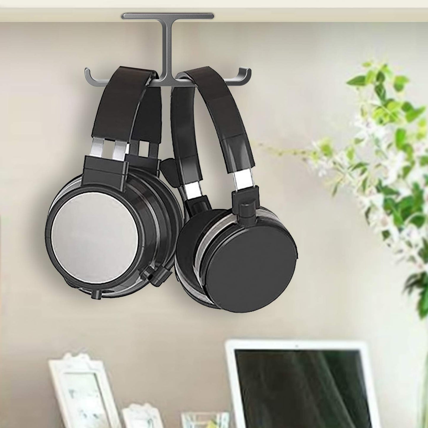 APPHOME Headphone Hanger Stand Under Desk Hook Aluminum Stick-On Adhesive Dual Headsets Holder Mount PC Gaming Accessories for All Headphones