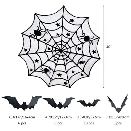 5pack Halloween Decorations Tablecloth Runner Black Lace Round Spider Cobweb Table Cover Fireplace Mantel Scarf Spiderweb Fireplace Scarf Spider Lampshade with 36pcs Scary 3D Bat for Halloween Party