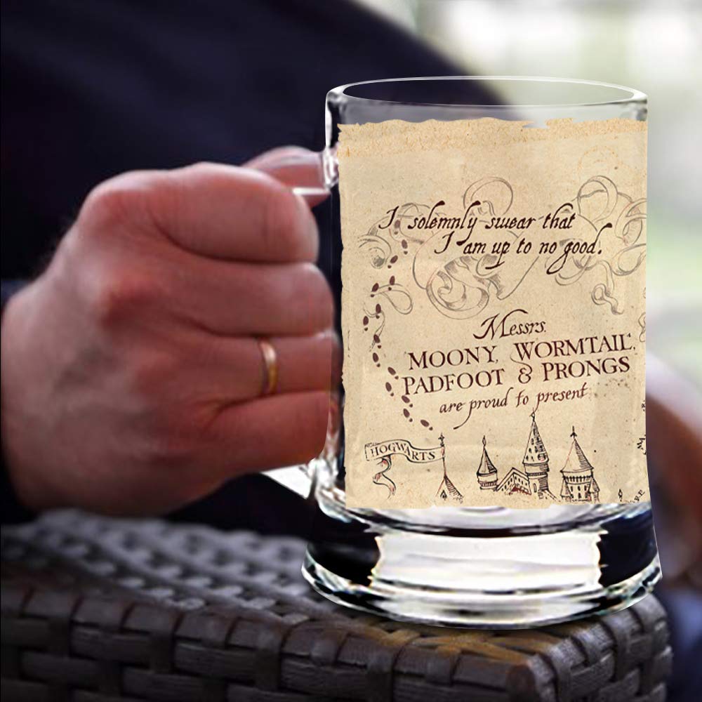 Harry Potter – Marauder’s Map – Mischief Managed Quote - 16 oz Pint Size Glass Morphing Mugs Color Changing Clue Mug – Full Image Revealed When COLD Liquid Is Added