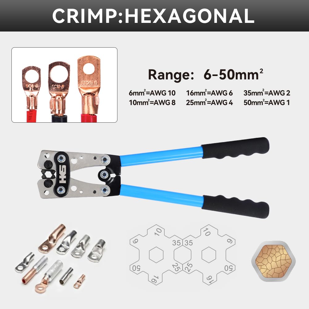 HKS Battery Cable Lug Crimping Tool 10-1 AWG, 60Pcs Copper Ring Terminals & 60Pcs 3:1 Heat Shrink Tubing, Heavy Duty Wire Crimper Set for Battery Cables