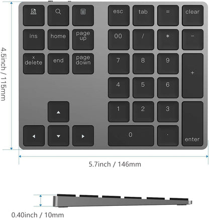 Bluetooth Number Pad, Lekvey Aluminum Rechargeable Wireless Numeric Keypad Slim 34-Keys External Numpad Keyboard Data Entry Compatible for Macbook, MacBook Air/Pro, iMac Windows Laptop Surface Pro etc