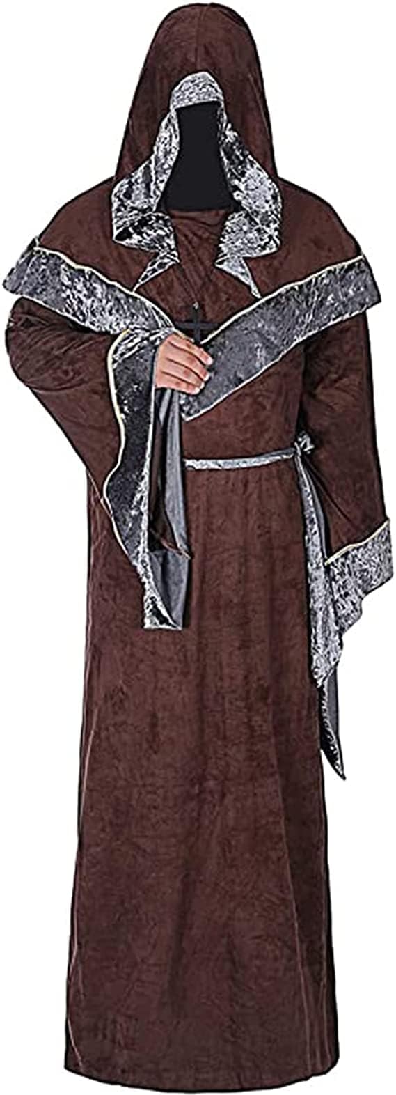 WISHU Mens Halloween Costume Sorcerer Robe, Medieval Vintage Renaissance Hooded Gown Cloak Cape (M (Length 61.4"), Coffee)
