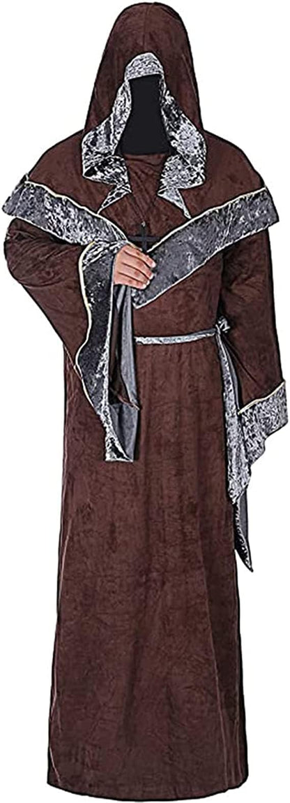 WISHU Mens Halloween Costume Sorcerer Robe, Medieval Vintage Renaissance Hooded Gown Cloak Cape (M (Length 61.4"), Coffee)