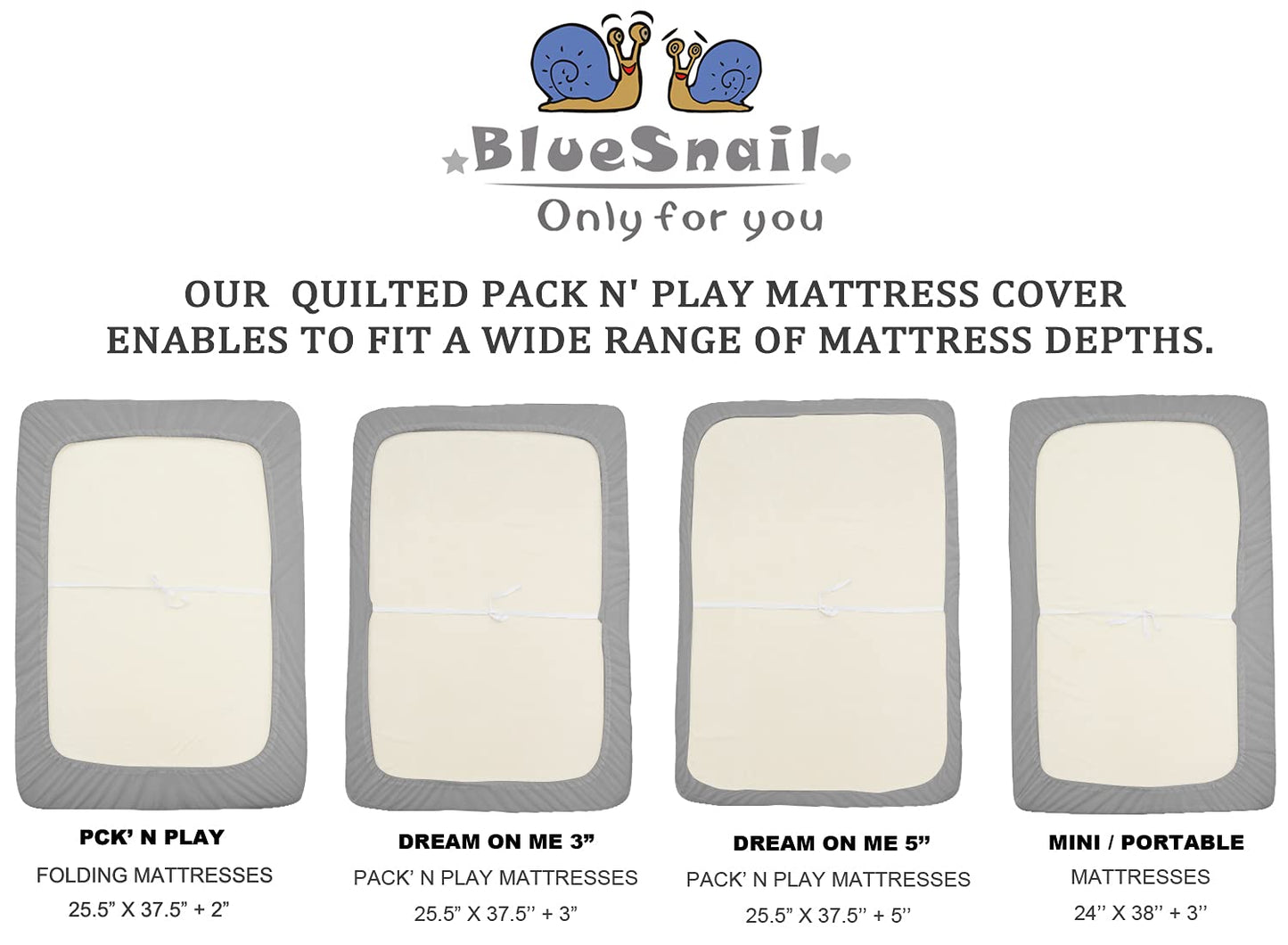 BlueSnail Quilted Waterproof Pack N Play Mattress Fitted Cover for Tollder, Portable Mini Crib Sheet, Comfortable and Breathable Playard Sheet (Light Grey)