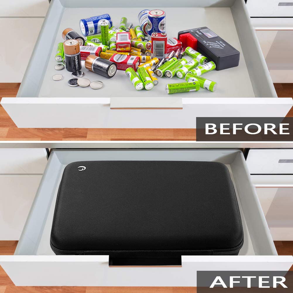 Battery Organizer Storage Box Case Holder for 48 x AA, 48 x AAA Total 96 Batteries with Battery Tester, Extra 2 Pockets for Other Accessories