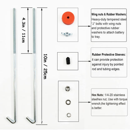 Battery Hold Down Bracket, Aluminum Alloy Battery Tie Down Bracket, Battery Tray for Car Battery Mount Bracket Hold Lock Accessories, Car Battery Lock Down- with 10inches J Bolts (Black)