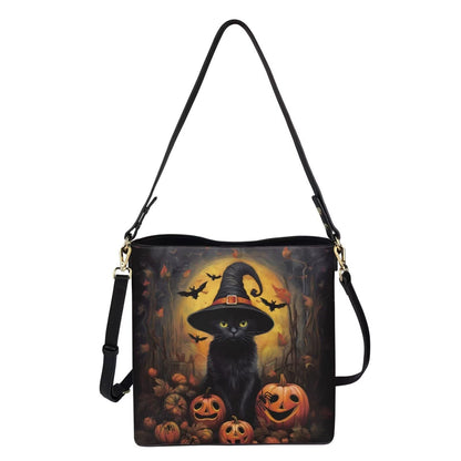 HUGS IDEA Black Cat Halloween Tote Bag for Women Pu Leather Satchel Bags Handbag Crossbody Hobo Purse for Outdoor Travel Holiday Vacation