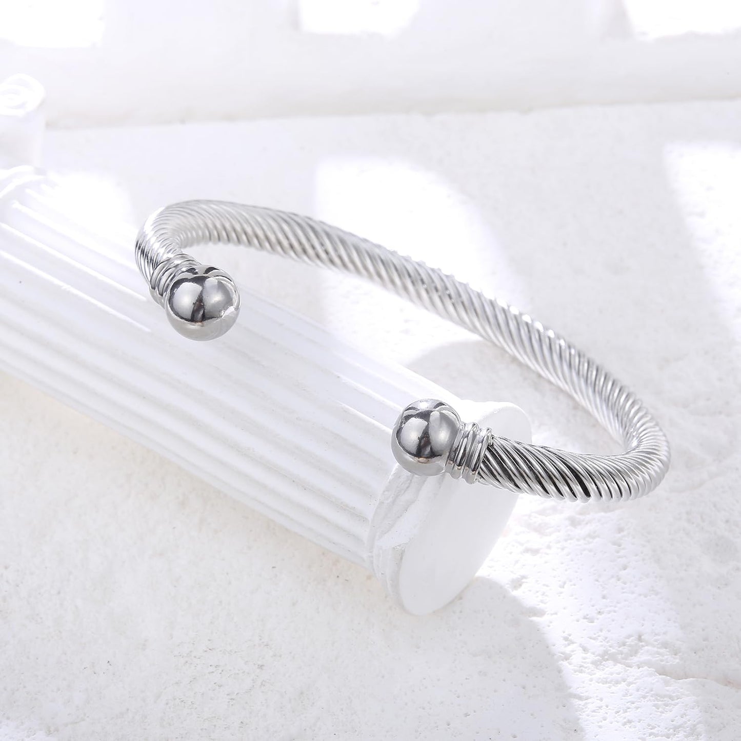 BOLAGTIER Stainless Steel Twisted Cable Wire Bracelets Adjustable Open Cuff Bangle Bracelet Vintage Jewelry Gift for Women (C-Silver)