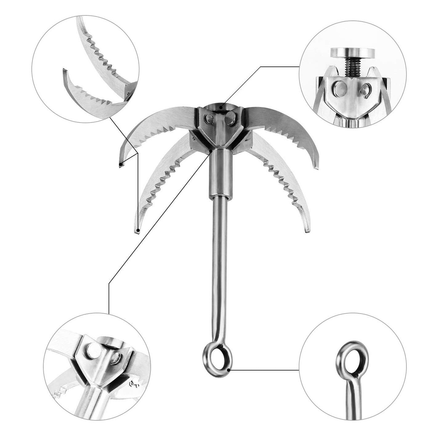 Ant Mag Grappling Hook Stainless Steel Claw Carabiner with 20m/65ft 8mm Auxiliary Black Rope for Camping Hiking Tree Grabbing and Water Lifting Salvage