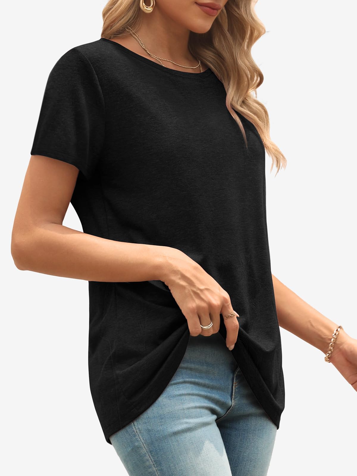 ATHMILE Ladies Tops and Short Sleeve T Shirts for Women Round Neck Simple Clothes Basic Tee 2025 Trendy Black