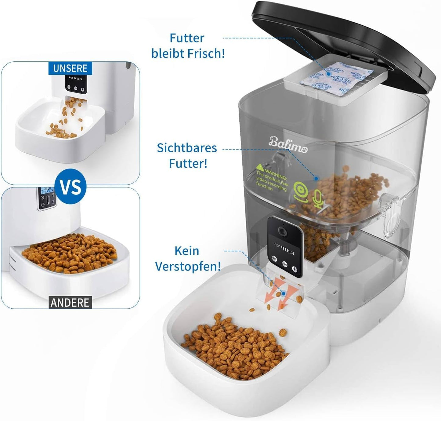 Balimo Automatic Cat Feeder with HD 1080P Video, 4L WiFi Automatic Cat Feeder with App Control & Night Vision, up to 20 Servings and 8 Meals per Day (Only 2.4G WiFi)