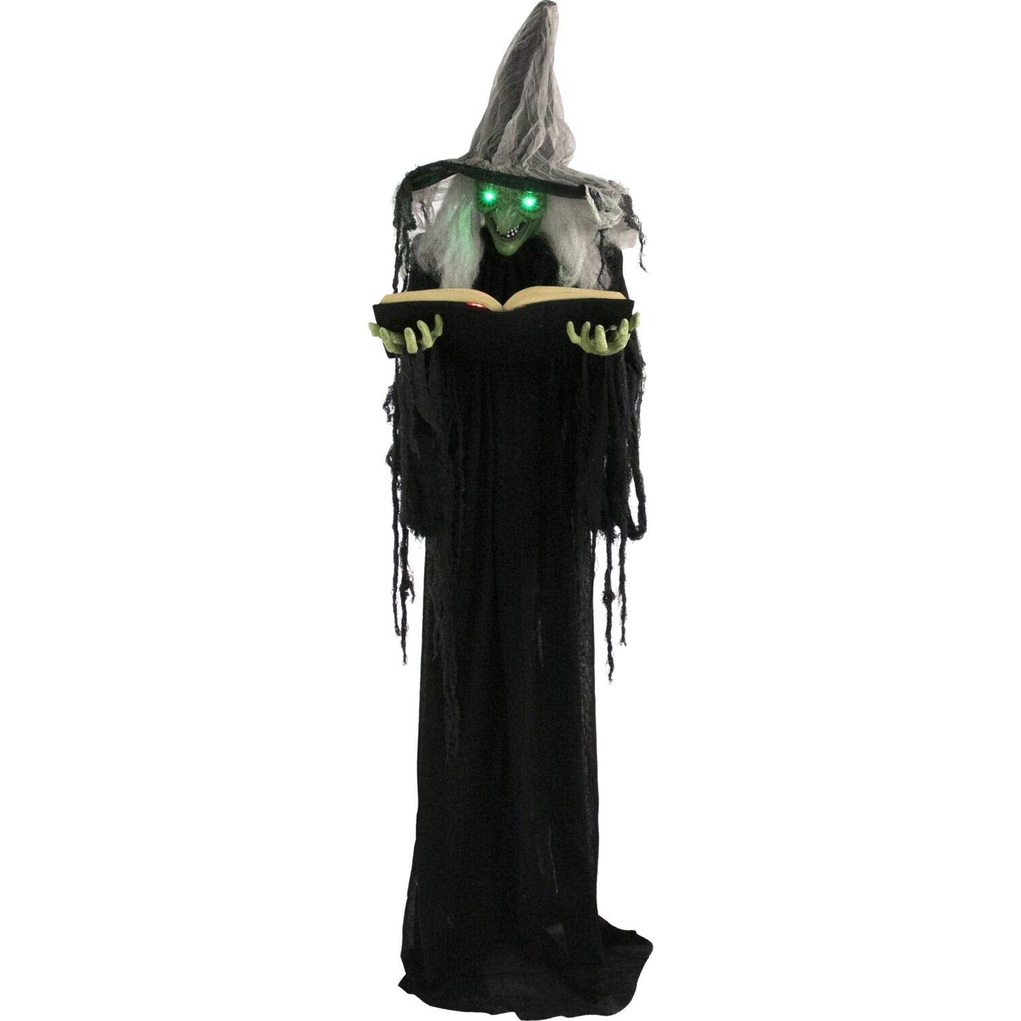 Haunted Hill Farm Life-Size Talking Witch Holding Spell Book, Halloween Animatronic with Touch Activated Lights and Sound, Poseable, Battery Operated Indoor or Covered Outdoor Halloween Decorations
