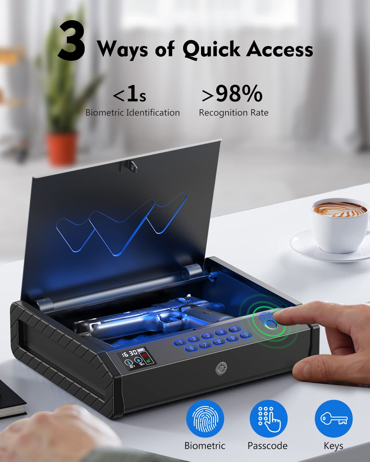 HOLEWOR Gun Safe, Biometric Gun Safes for Pistols with LCD Display of Temperature Humidity, Fingerprint Quick Access Pistol Safe Solid Handgun Safe with USB C Port