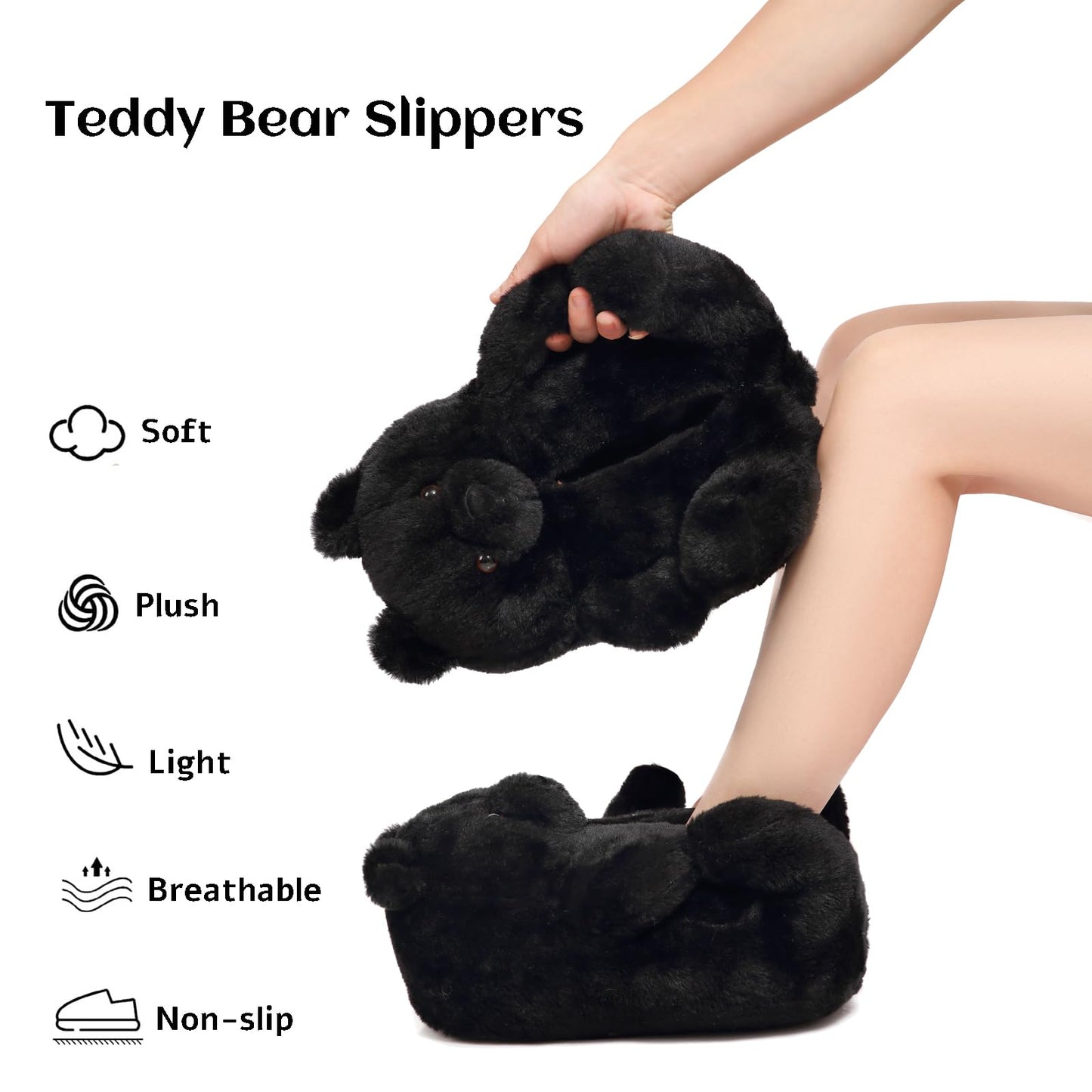 Women's Teddy Bear Slippers Black Fuzzy Slippers for Women Indoor Cute House Slippers for Women Ladies Teen Girls Fluffy Funny Bedroom Animal Slippers for Women Birthday Valentine's Day Gift Ideas