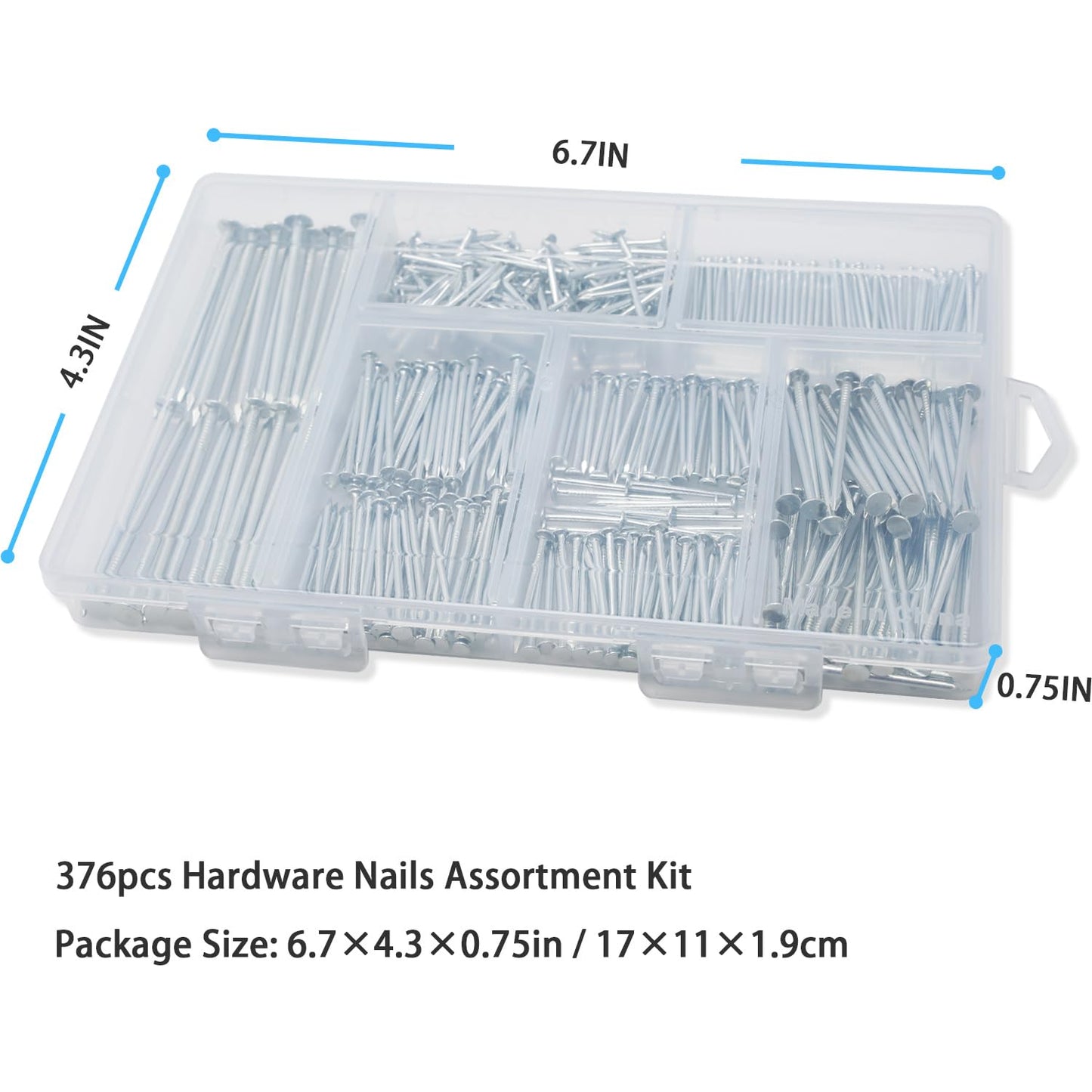 376pcs Premium Hardware Nails Assortment Kit, Maximum Length 2 Inches Galvanized, Picture Hanging, Wood, Wall With Storage Box | 6 Sizes