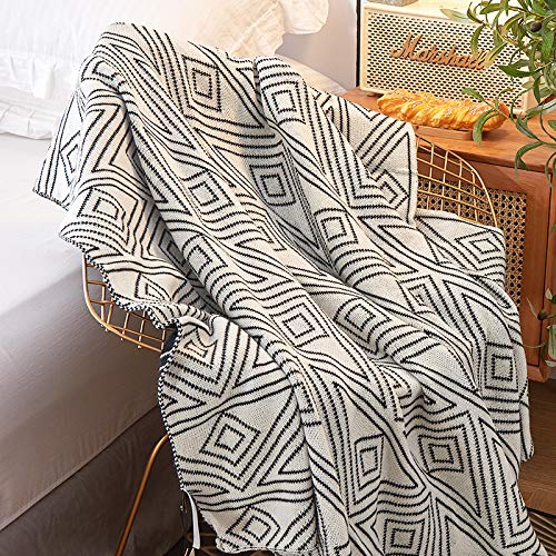 Black and White Throw Blankets Queen Size, Knitted Modern Patterned Throw Blanket, Soft Lightweight Woven Throw Blanket for Sofa Couch Bed and Living Room, Black&White (60x80 Inch)