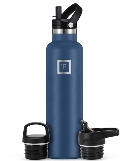 IRON °FLASK Camping & Hiking Hydration Canteens - 3 Lids (Narrow Straw Lid) Leak Proof Vacuum Insulated Stainless Steel - Hot & Cold Double Walled Sports Water Bottle - Twilight Blue, 24 Oz