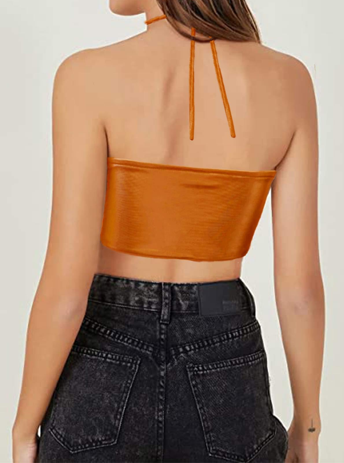 Women's Metallic Orange Crop Top Sexy Halloween Rave Festival Clothing Crop Halter Tie Bra Bustier Orange Top XS
