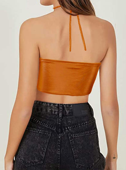 Women's Metallic Orange Crop Top Sexy Halloween Rave Festival Clothing Crop Halter Tie Bra Bustier Orange Top XS
