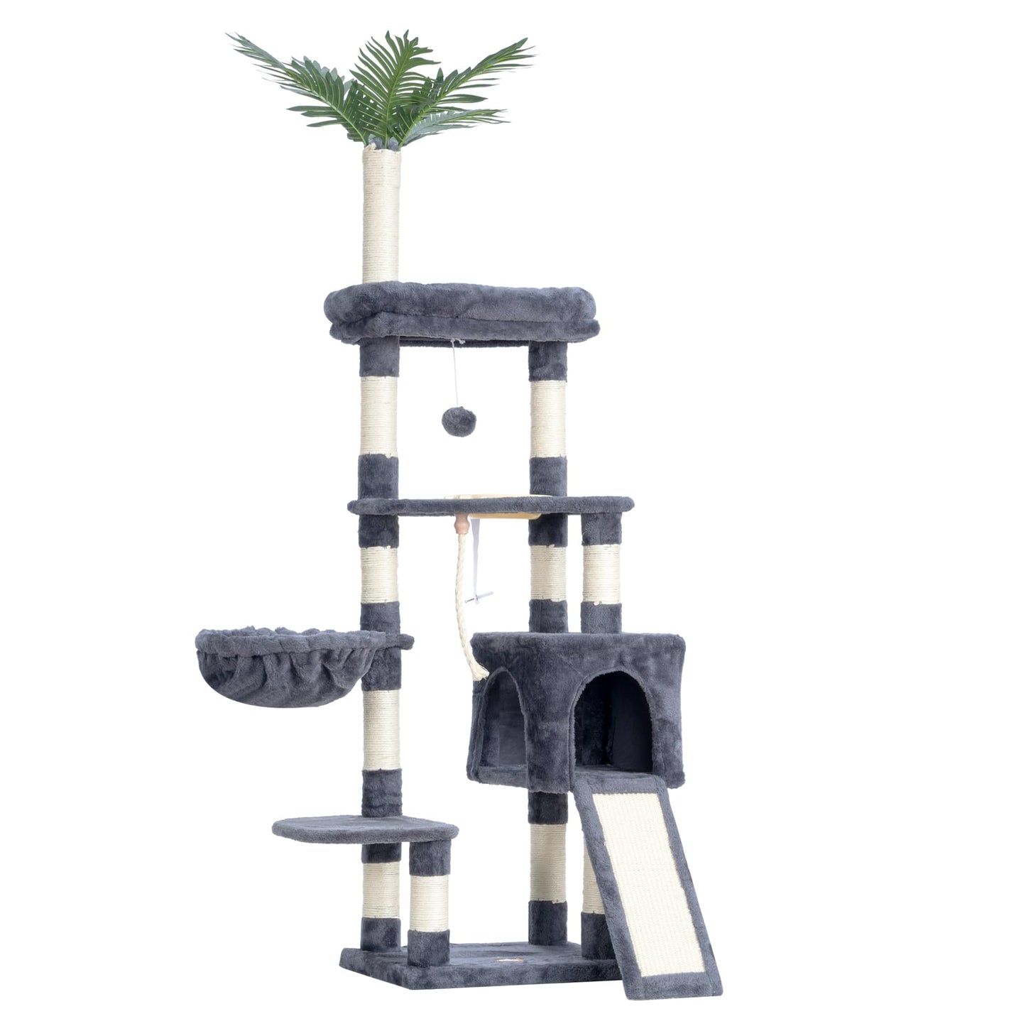 Heybly Cat Tree,Cat Tower for Indoor Cats, 65.4 inches Cat Condo with Perches, Basket, Feeding Bowl Station, Multi-Level Plush Furniture with Scratching Posts, Smoky Gray HCT015G
