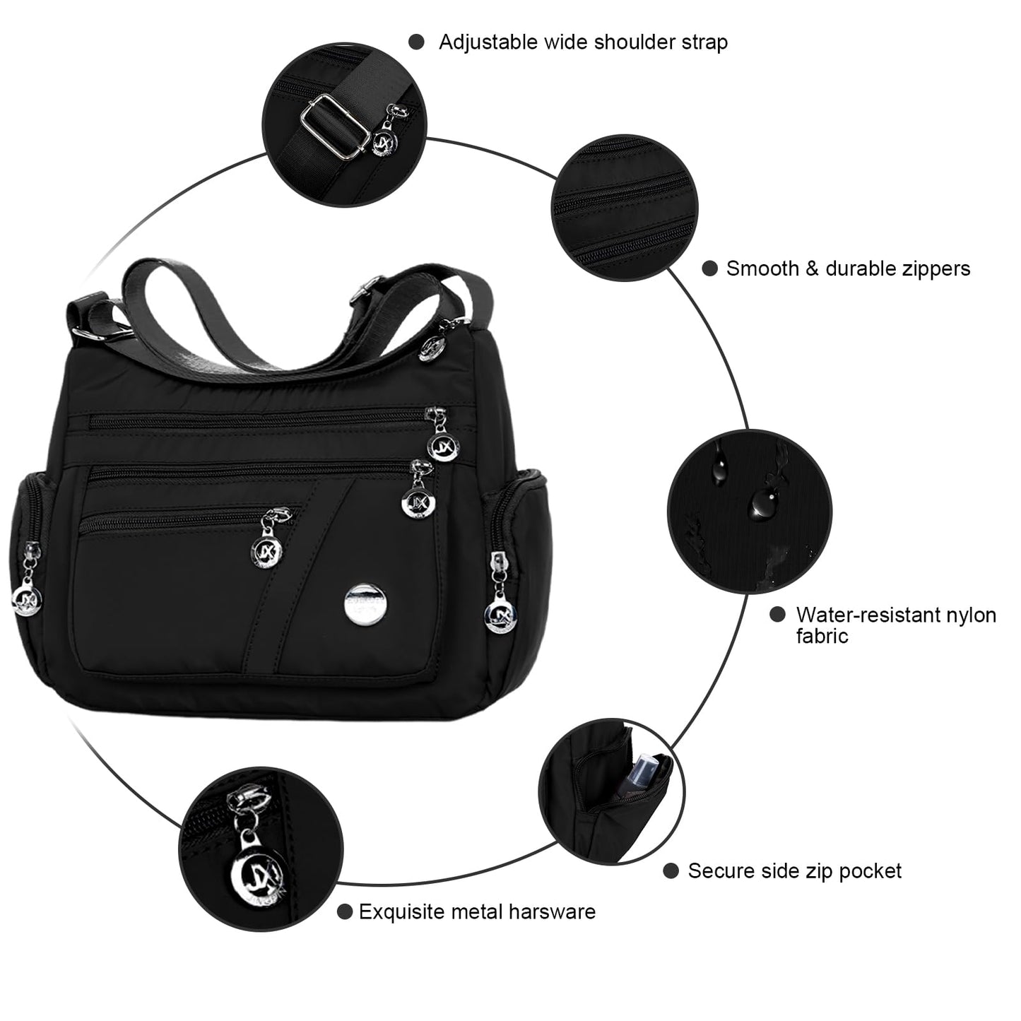 WITERY Nylon Crossboby Bags for Women - Waterproof Zipper Multi-Pocket Crossboby Purse Lightweight Shoulder Bag, Casual Ladies Pocketbooks Small Travel Purse Messenger Bags Medium Handbag Tote