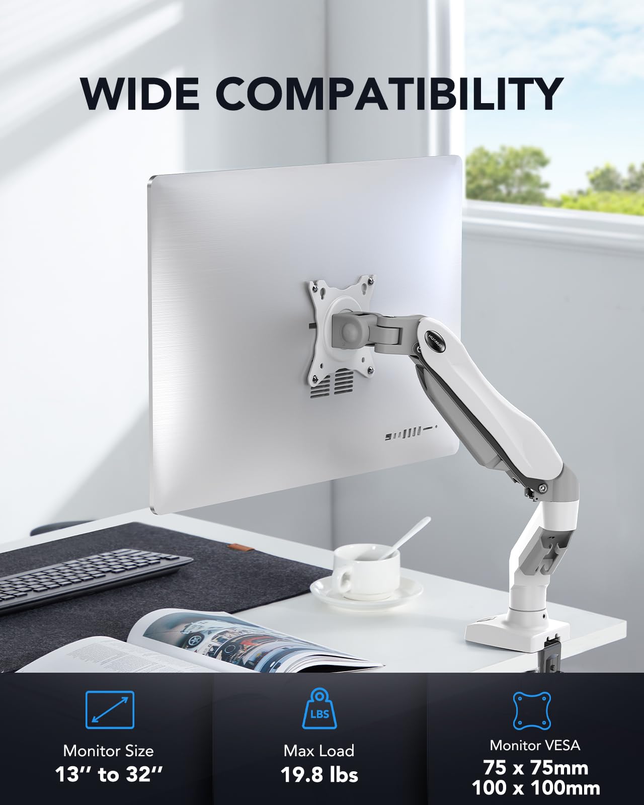 HUANUO Single Monitor Mount, 13 to 32 Inch Gas Spring Monitor Arm, Adjustable Stand, Vesa Mount with Clamp and Grommet Base - Fits 4.4 to 19.8lbs LCD Computer Monitors