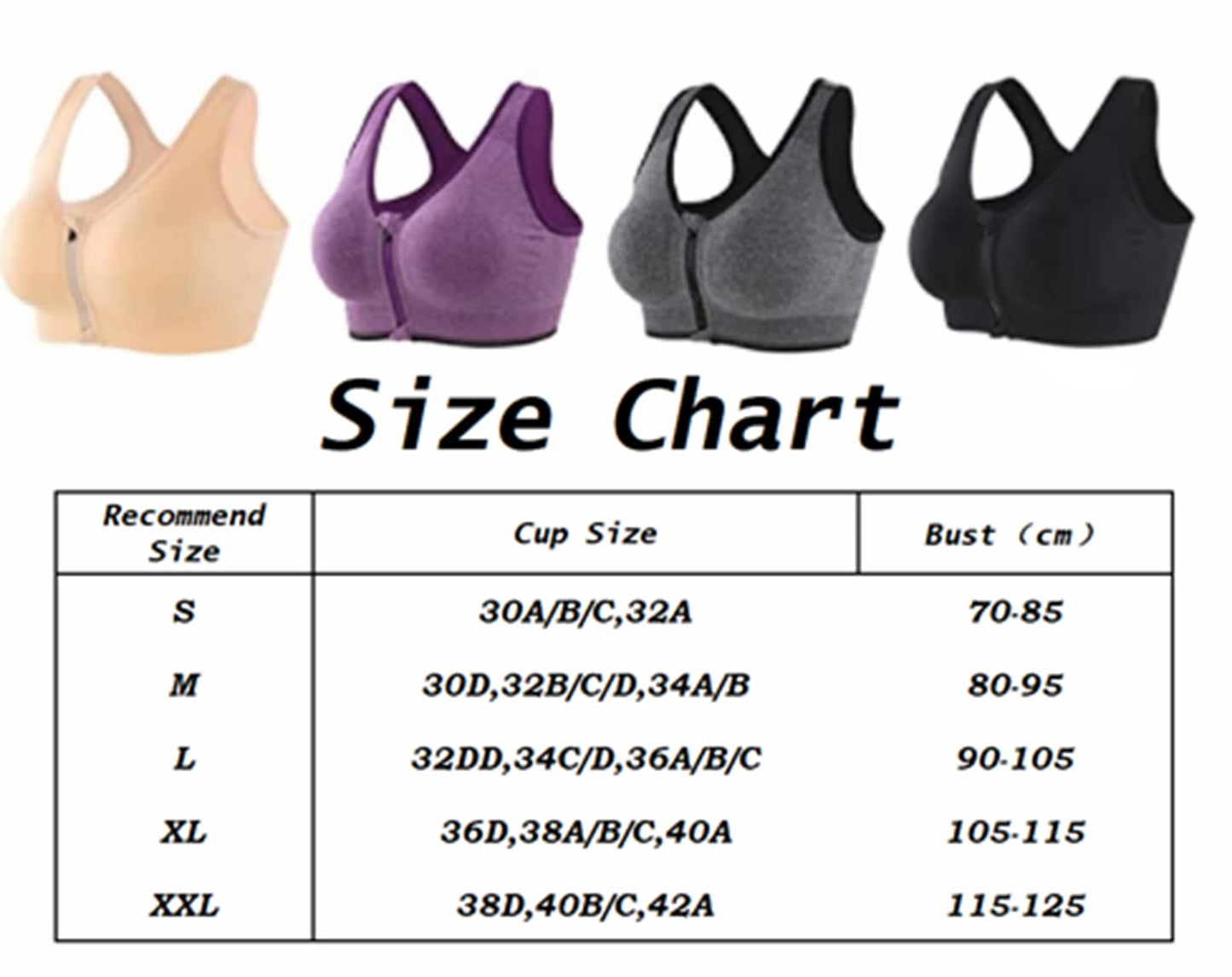 INIBUD Women's Zip Front Sports Bra Racerback Post Surgery Wirefree Seamless Removable Pads Yoga Plus Size Workout Fitness Running (Black, Small)