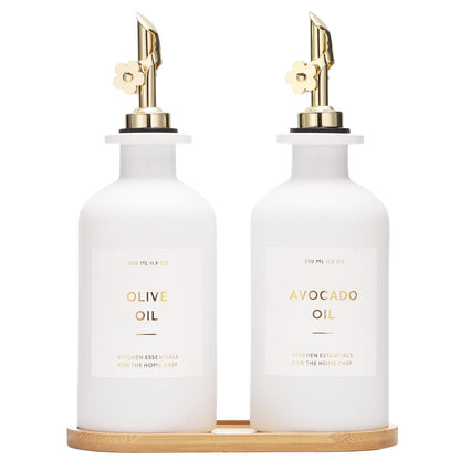 HOMCDALY Olive Oil Dispenser for Kitchen, 11.8oz Glass kitchen Dispenser Bottle, Gold Oil&Vinegar Cruet Set, Leakproof Oil Containers for Cooking| Set of 2 (11.8oz – Gold)