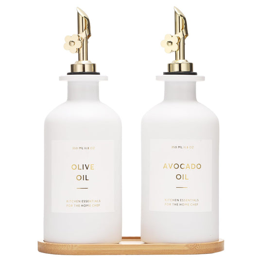 HOMCDALY Olive Oil Dispenser for Kitchen, 11.8oz Glass kitchen Dispenser Bottle, Gold Oil&Vinegar Cruet Set, Leakproof Oil Containers for Cooking| Set of 2 (11.8oz – Gold)