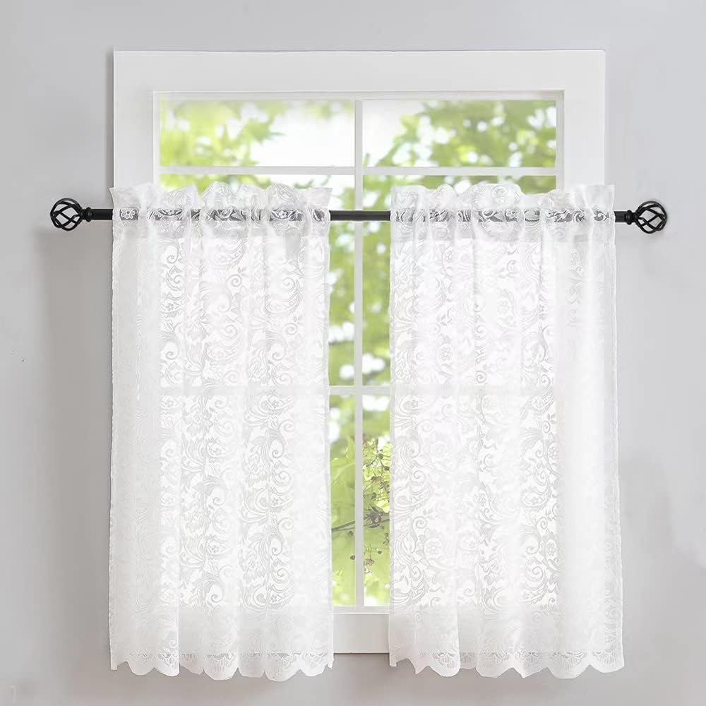ALIGOGO Lace Cafe Curtains 30 inch Length - Privacy Mini Curtain for Bathroom Window Front Door, Elegant Short Half Scalloped Cabinet Curtains for Small Windows 2 Panels, 26" x 30" White