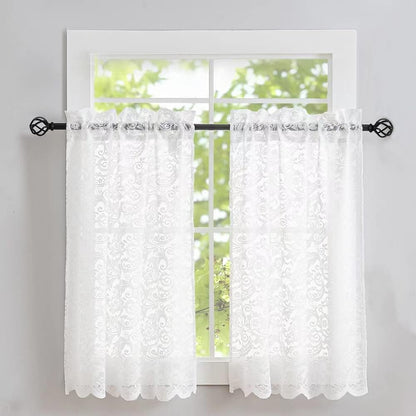 ALIGOGO Lace Cafe Curtains 30 inch Length - Privacy Mini Curtain for Bathroom Window Front Door, Elegant Short Half Scalloped Cabinet Curtains for Small Windows 2 Panels, 26" x 30" White