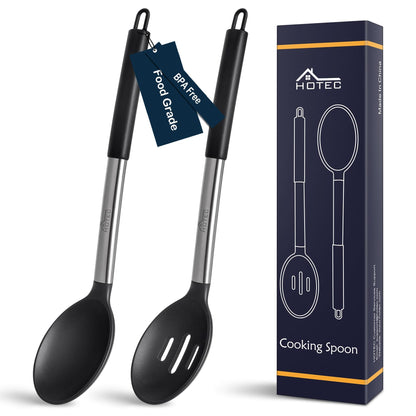HOTEC 446°F Heat Resistant Large Silicone Cooking Spoon, BPA Free Solid Slotted Spoons, Nonstick Kitchen Cookware Utensils, Mixing, Serving, Stiring Large Spoons, Black