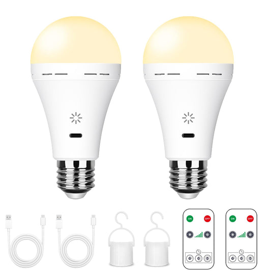 BOBOPAI USB Rechargeable Light Bulb with Remote Control, 2600mAh Battery Powered Light Bulbs E26 Touch Control Dimmable LED Bulb with Timer, Outdoor Emergency Bulb with Hook,3000K/2 Pack